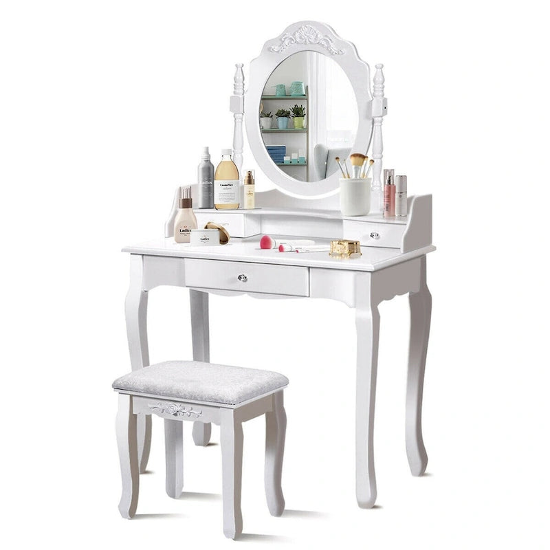 Witte Kaptafel en Kruk Set met 3 Lades
