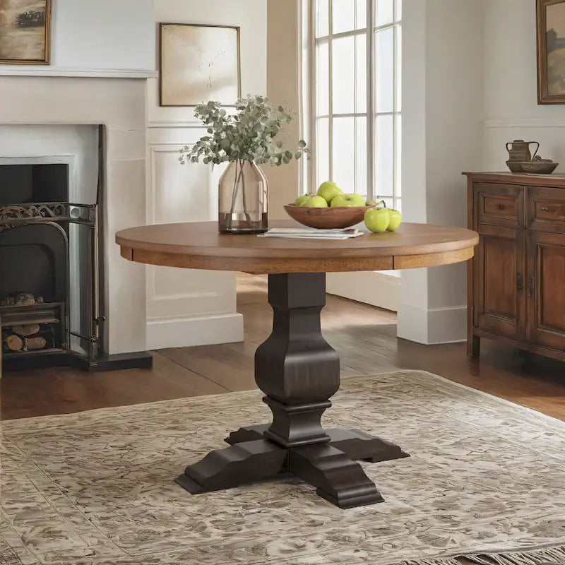 Tweekleurige ronde eettafel met massief houten blad