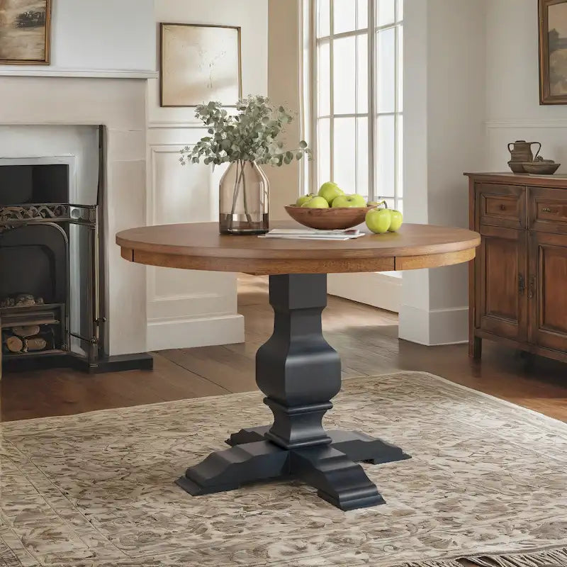 Tweekleurige ronde eettafel met massief houten blad