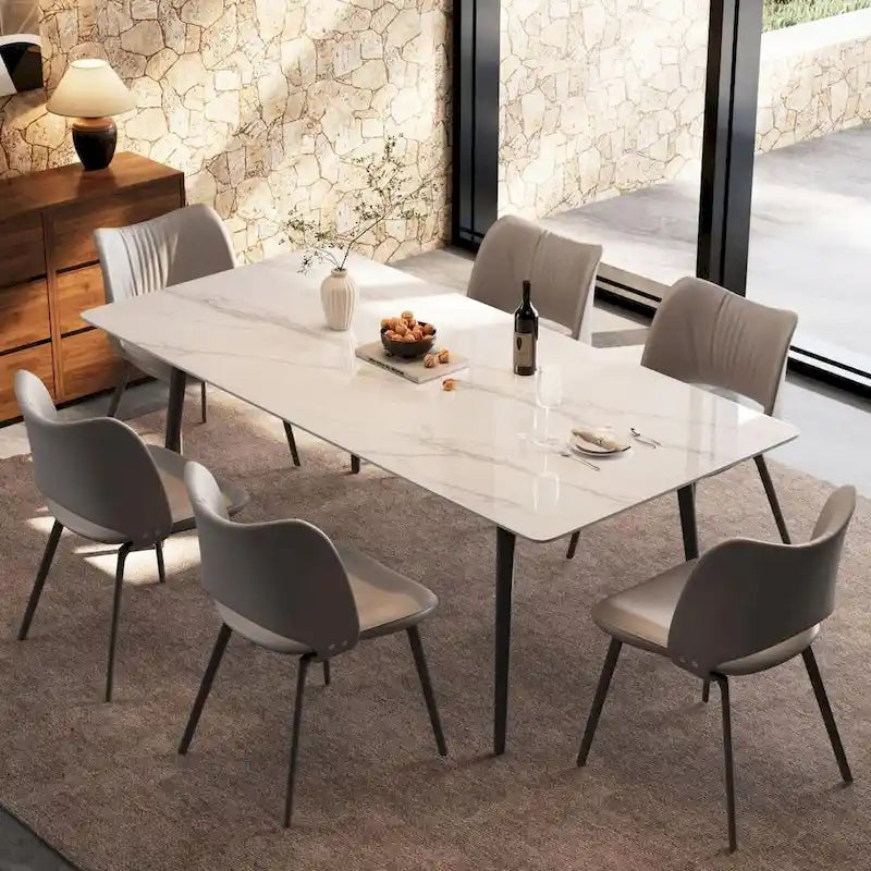 70,8 inch rechthoekige eettafel met gesinterd stenen blad en metalen poten