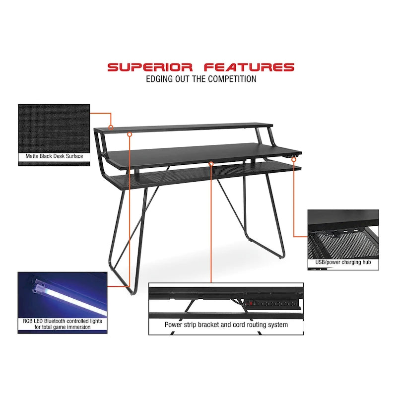 Gamingbureau met hoogteverstelling, ledverlichting en USB-hub