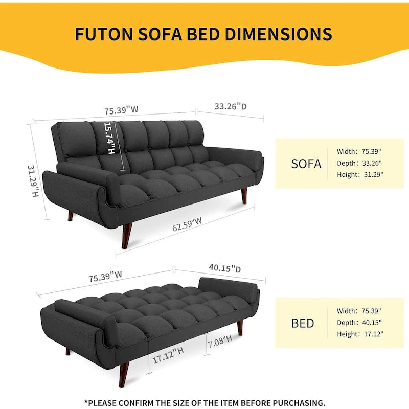 75.39 inch. Slaapbank Futon met Verstelbare Gesplitste Rugleuning