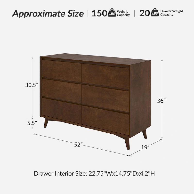 Dressoir met 6 laden en massief houten poten in mid-century stijl
