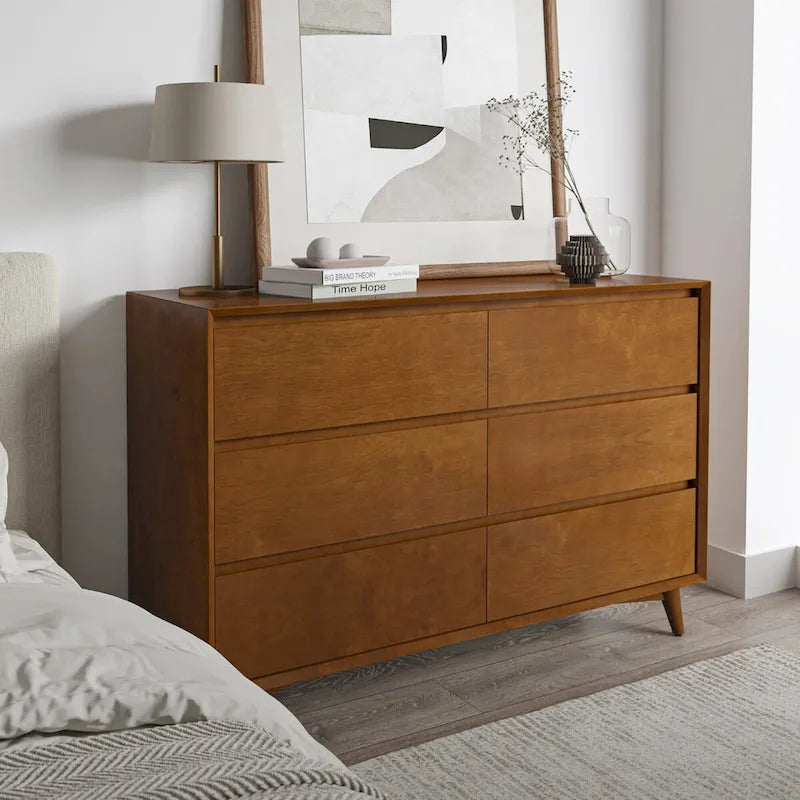 Dressoir met 6 laden en massief houten poten in mid-century stijl