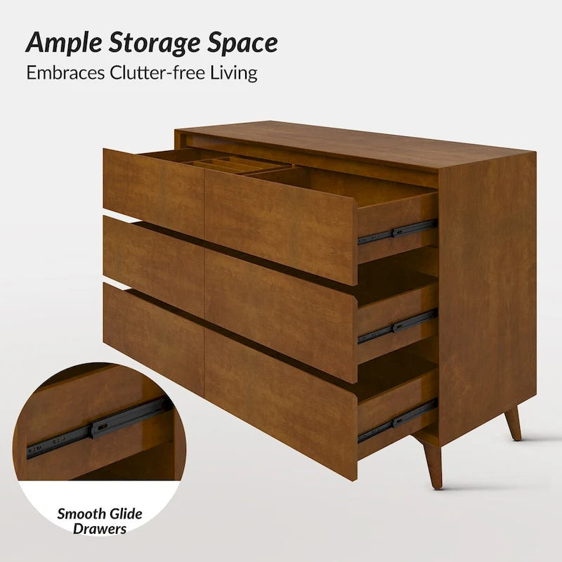 Dressoir met 6 laden en massief houten poten in mid-century stijl