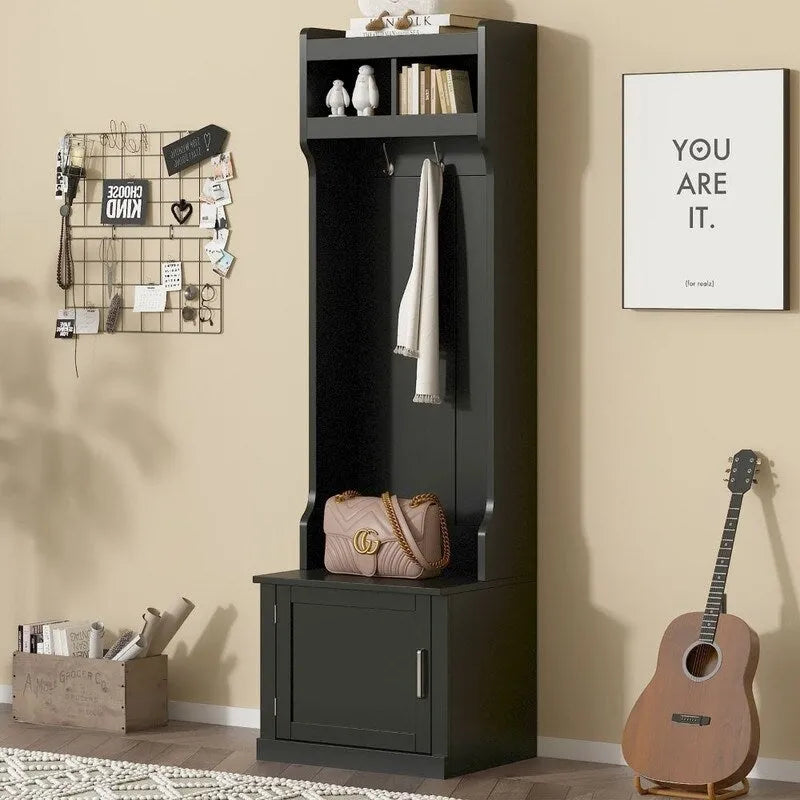 Minimalist Slim Hall Tree with Cabinet & 6 Hanging Hooks