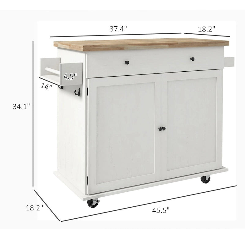 Keukeneilandwagen met Opbergruimte, Boerderij Stijl Roltafel op Wielen met Lade, 2 Kasten, Rubberhout Blad