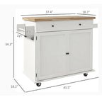 Keukeneilandwagen met Opbergruimte, Boerderij Stijl Roltafel op Wielen met Lade, 2 Kasten, Rubberhout Blad
