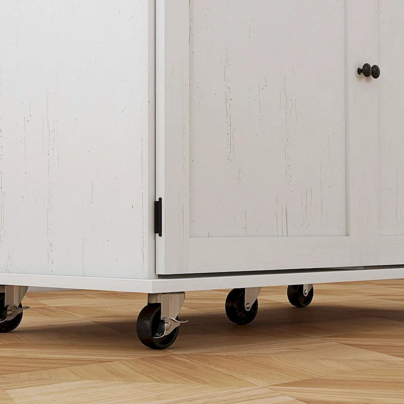 Keukeneilandwagen met Opbergruimte, Boerderij Stijl Roltafel op Wielen met Lade, 2 Kasten, Rubberhout Blad
