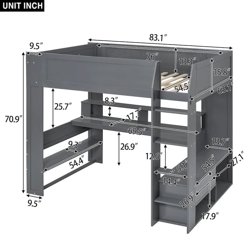 Hoogslaper tweepersoons met bureau, opbergplanken, ledstrip en laadstation