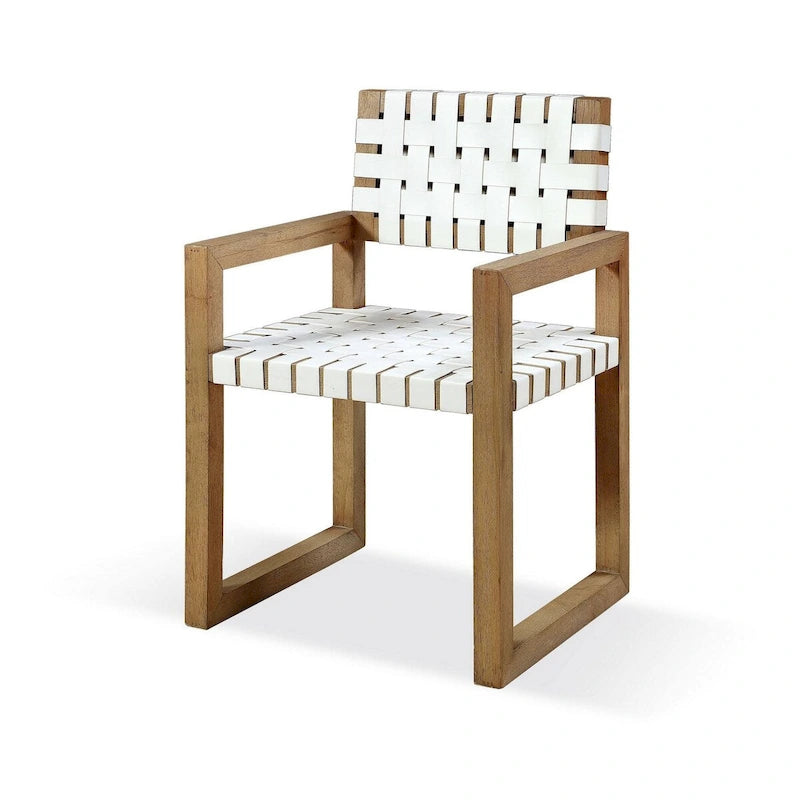 Rux Dining Armchair, Faux Leather Woven Seat, Sled Leg, White, Brown